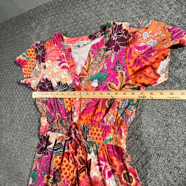 LOFT Floral Mini Dress Womens MP Pink Orange Patchwork Smocked V-Neck Tropical - Image 7