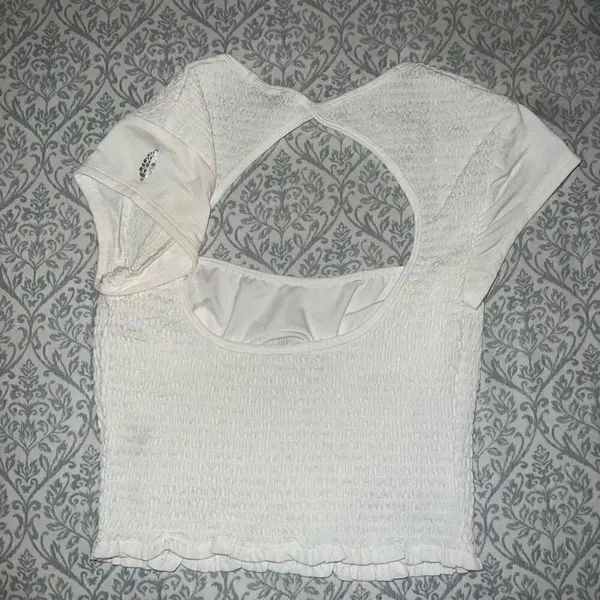 NWOT Free People Smocked Sweetheart Open Back Cap Sleeves Crop Top white ribbed - Image 8