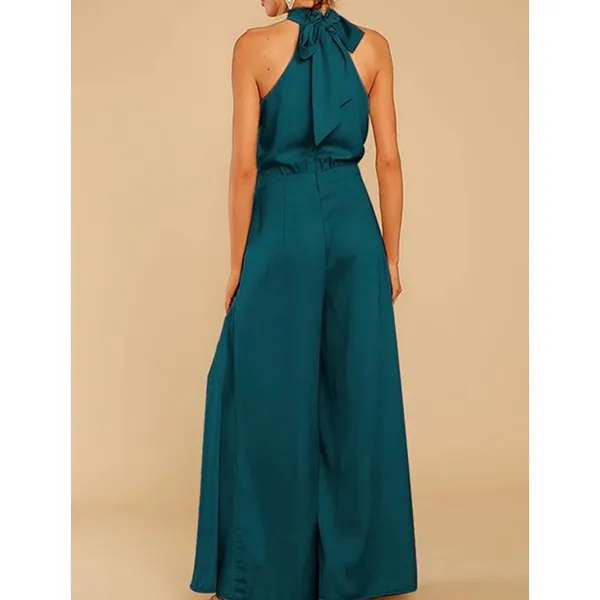 NEW Satin Sleeveless Halter Jumpsuit Pockets Wide Leg L - Image 2