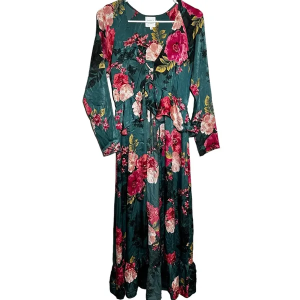 Misa Santana Midi Dress Wrap Crepe Chiffon Long Sleeve Ruffle Floral Green S - Image 2