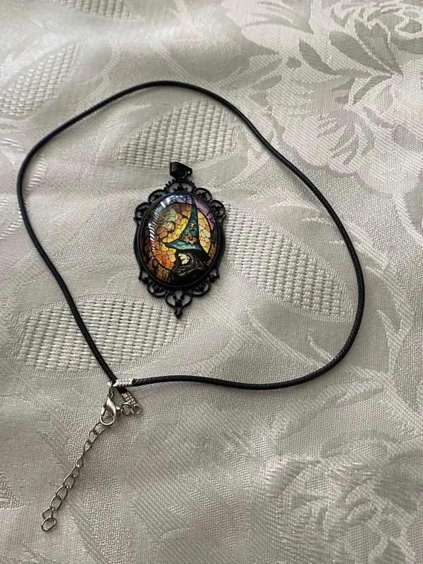 18” Black Cord Necklace Witch In Hat Oval Pendant 2”H x 1.25”W Goth Gothic Punk - Image 2