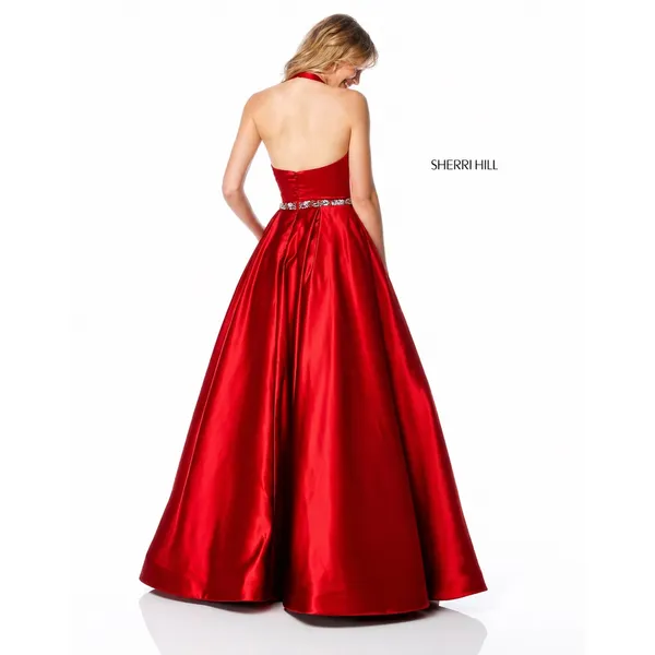 NWT Sherri Hill 51588 Red Halter Ball Gown Beaded Waist Satin Formal‎ Dress Sz 2 - Image 2