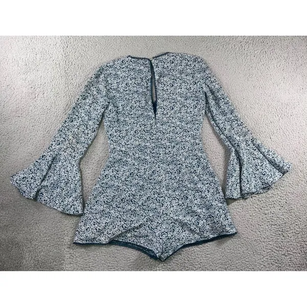 Blue Rain Shorts Romper Women M Teal Floral Bell Sleeve Crochet Boho Cottage‎ - Image 3