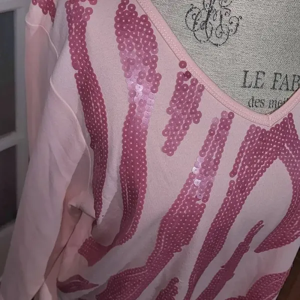 Quacker Factory Womens Light Pink Embellished Seguin Long Sleeve Shirt Top Large - Image 3