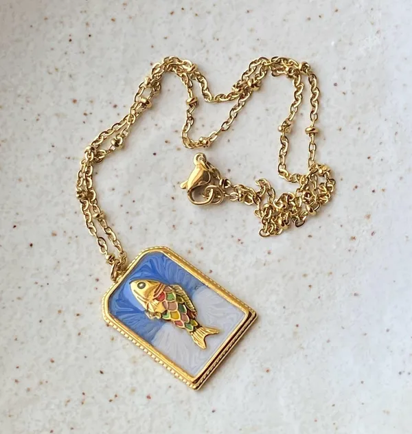 Handmade gold tone stainless steel & enamel fish necklace 🐟🌀 - Image 5