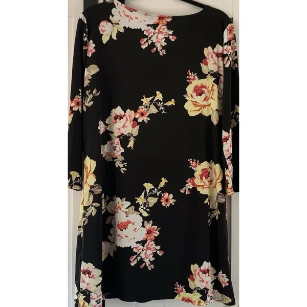 WHBM Black Floral Shift Dress XL Pink Rose Print 3/4 Sleeve Career Church - Image 4