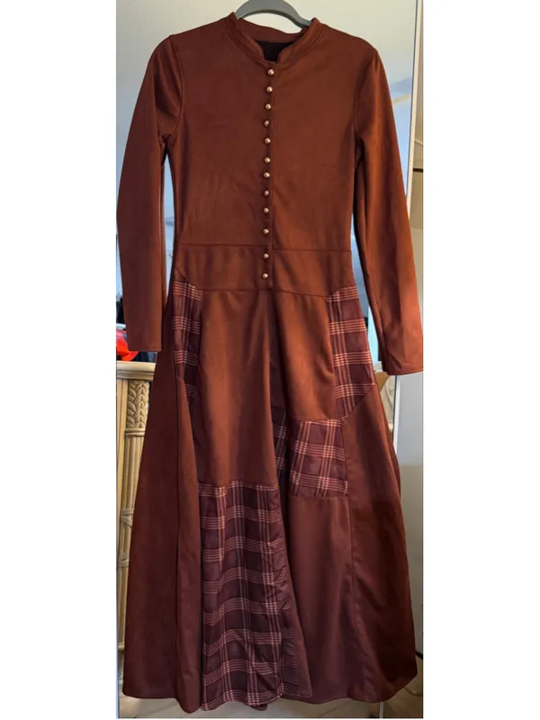 NEW Faux Suede Plaid Long Sleeve Button Dress Pockets NO BELT M - Image 4