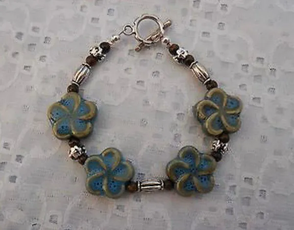 Handmade NEW! Earthy Beaded Toggle Bracelet W Ceramic Flower Beads. 7.25” - Image 3