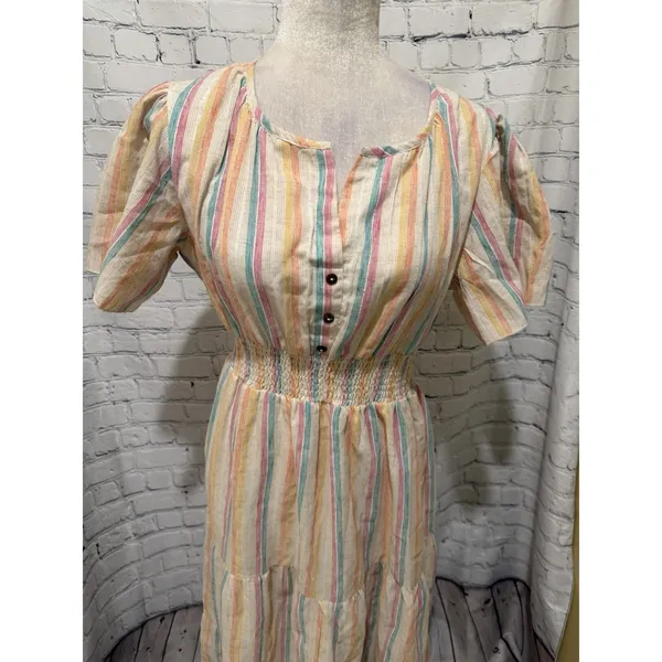 Dress Naoo Women’s Button Front Blue Striped Short Sleeves Maxi Dress Size XL - Image 2