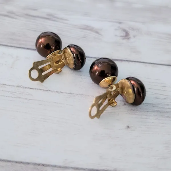 Vintage Clip On Earrings Metallic Brown Regal Elegant Statement Earrings - Image 4