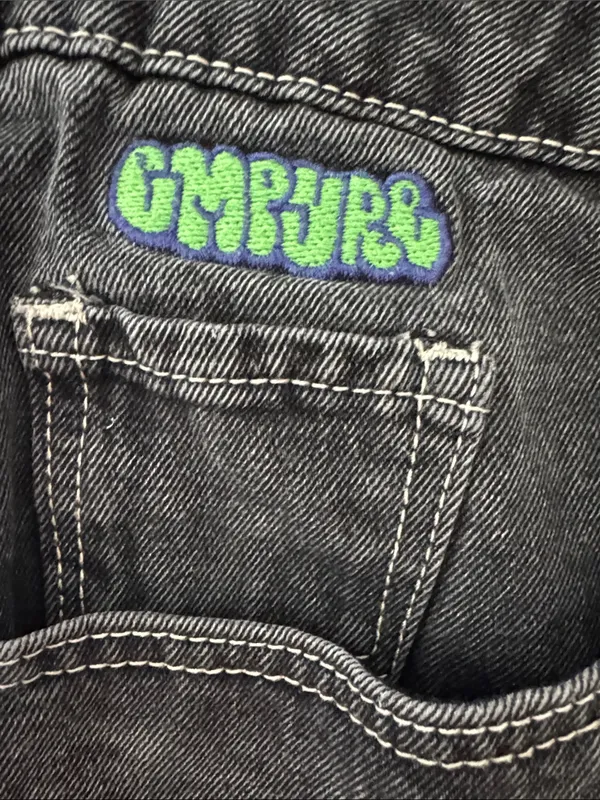 Empyre 90’s Y2K Skater Black Relaxed Wide Leg Jeans with Green Logo Accent - Image 3