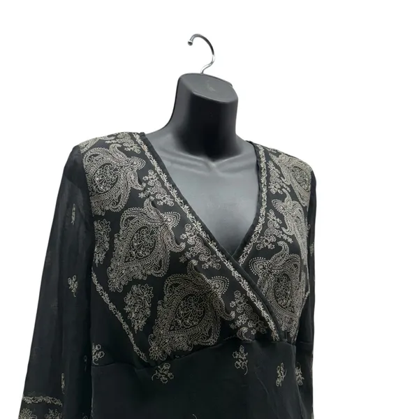 Y2K 100% Silk Boho Bell Sleeved Paisley Print V-Neck Blouse New York City CO - Image 4