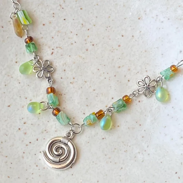 Handmade quality glass beads & flower swirl fairy boho cottage whimsical necklace💐🍃 - Image 6
