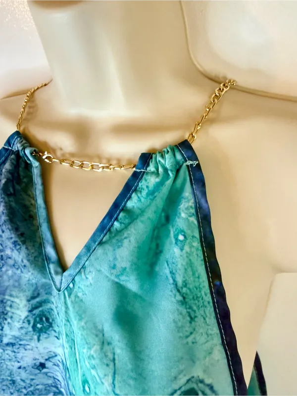 Emery Rose S Teal Blue Gold Chain Halter Dress Watercolor Marble Mini - Image 9