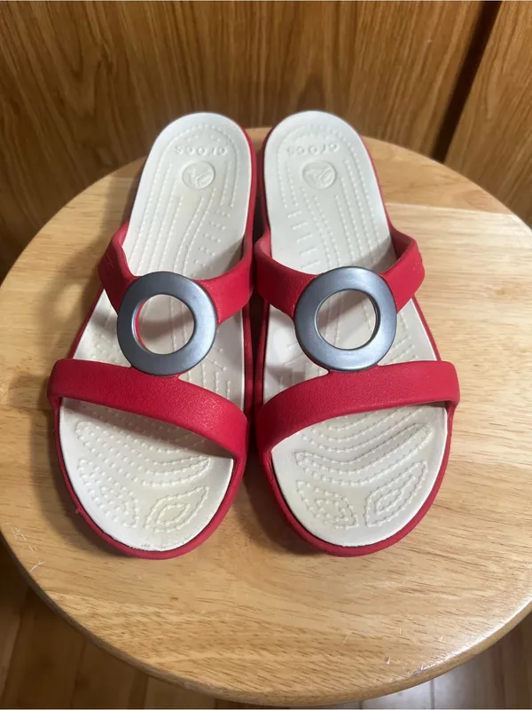 CROCS Red Slide Sandals with Silver Ring Accent - Image 2