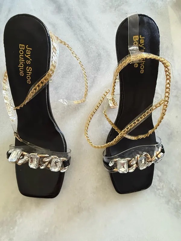 Crystal Embellished Black Heeled Sandals with Gold Chain Ankle Wrap - Image 2