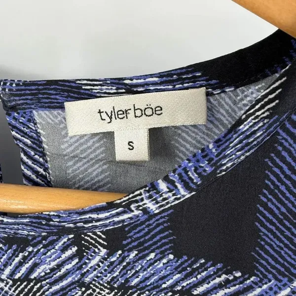 Tyler Boe women’s bell long sleeve silk sheath dress blue black pattern size s - Image 2