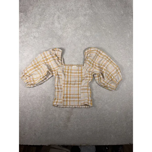 Anthropologie Maeve Plaid Square-Neck Blouse bohemian-style Xs Puff Sleeve - Image 6