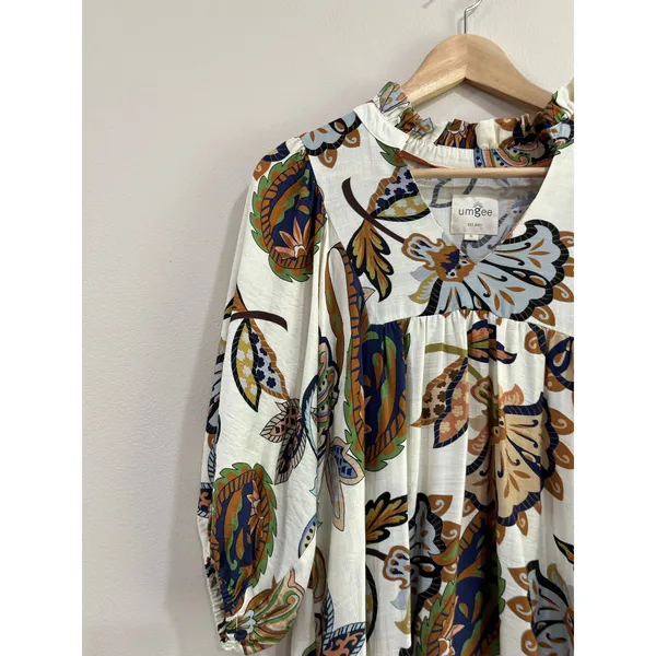 Umgee Abstract Paisley‎ Puff Sleeve Boho Babydoll Mini Dress Size Small - Image 3