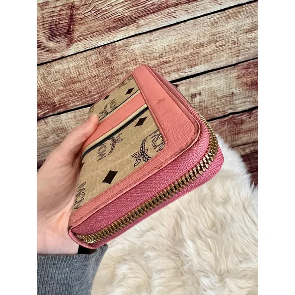 MCM Visetos Studded Continental Wallet Authentic Pink & Ivory Leather 8"x4" EUC - Image 8