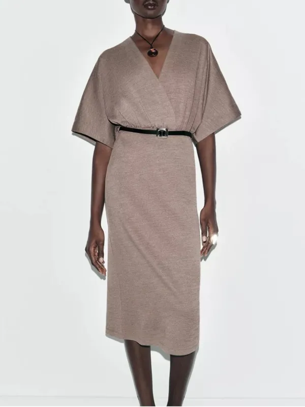 Zara Taupe Kimono-Sleeve Midi Dress with Black Belt - Image 11