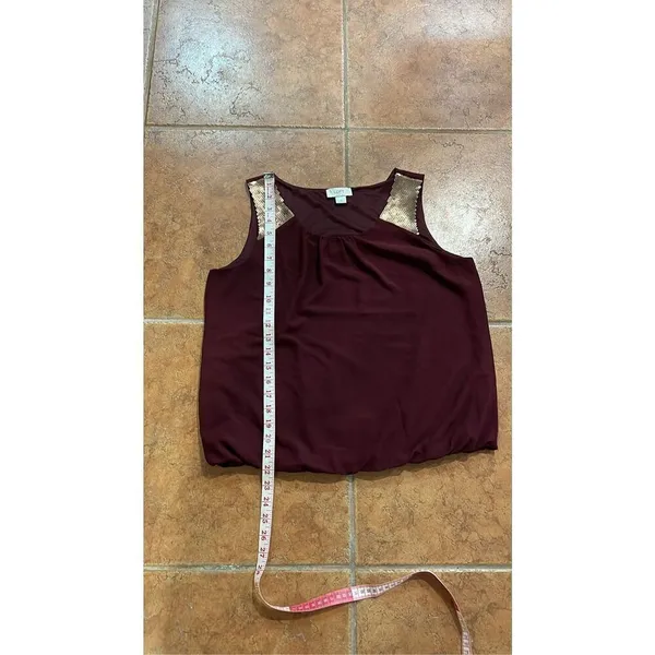 LOFT Blouse Women Burgundy Sequin Shoulder Bubble‎ Hem Medium - Image 8