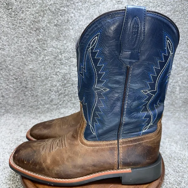 JB Dillon Reserve Men's Leather Cowboy Boots Blue Brown Square Toe Size 5.5M 7W - Image 3