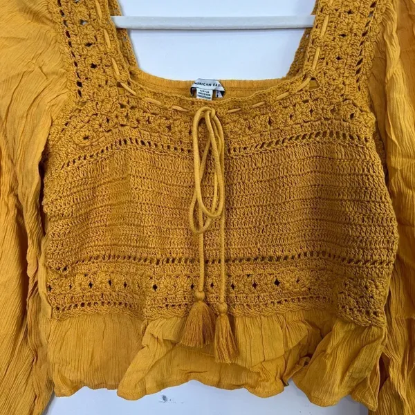 NWT American Eagle Crochet Boho Cropped Ruffle Hem Mustard‎ Yellow Top Blouse - Image 2