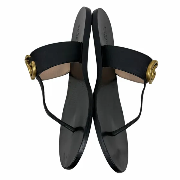 Gucci Black Leather Thong Sandal Gold Double G Logo Size 37 - Image 9