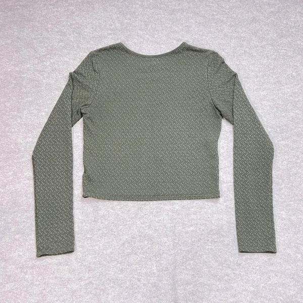 Aerie Womens Olive Green Textured Long Sleeve Crop Top Size Medium Crew Neck EUC - Image 4