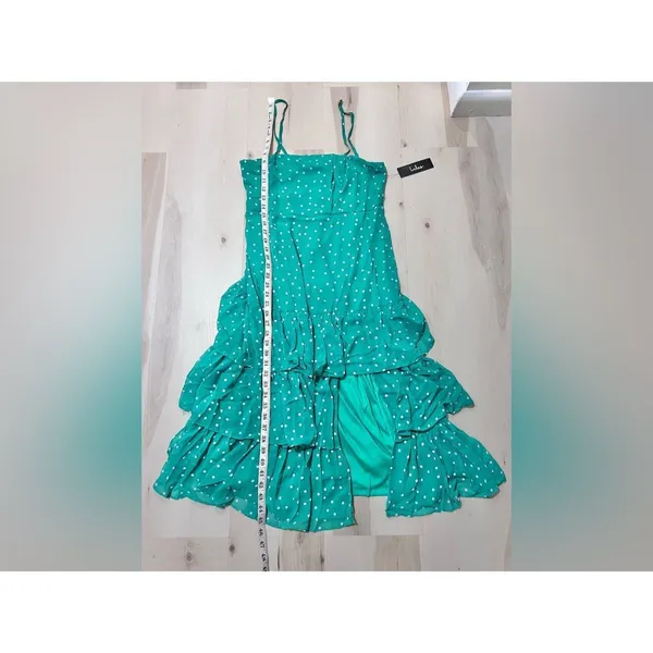 Lulus NWT Women Large Nellie Green Polka Dot Ruffle Midi Dress Dainty Romantic - Image 7