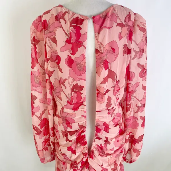 New Floral Print Twist Keyhole Front Long Sleeve Dress Pink Size XL - Image 17