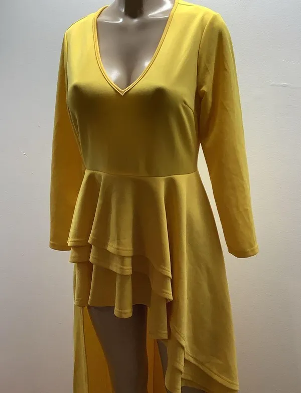 Shirt Dress Size Medium Yellow Ruched Blouse Asymmetrical Peplum Long Tunic Top - Image 3
