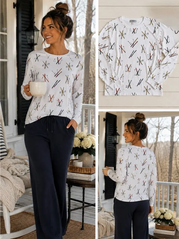 💥LAKE Pajamas Pima Cotton Long Sleeve Ski Print Pajama Top (ONLY) White Sz S💛 - Image 2