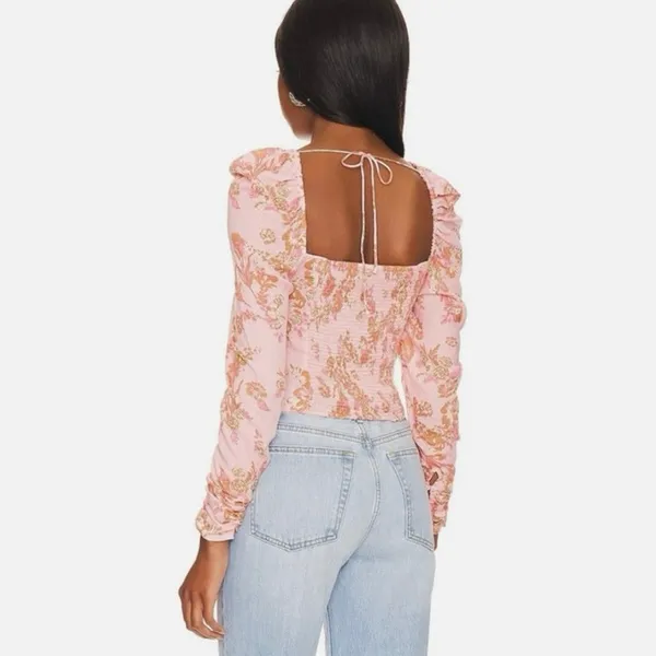 Free People Hilary Printed Top Womens M Pink Floral Ruched Puff Sleeve Smocked - Image 2