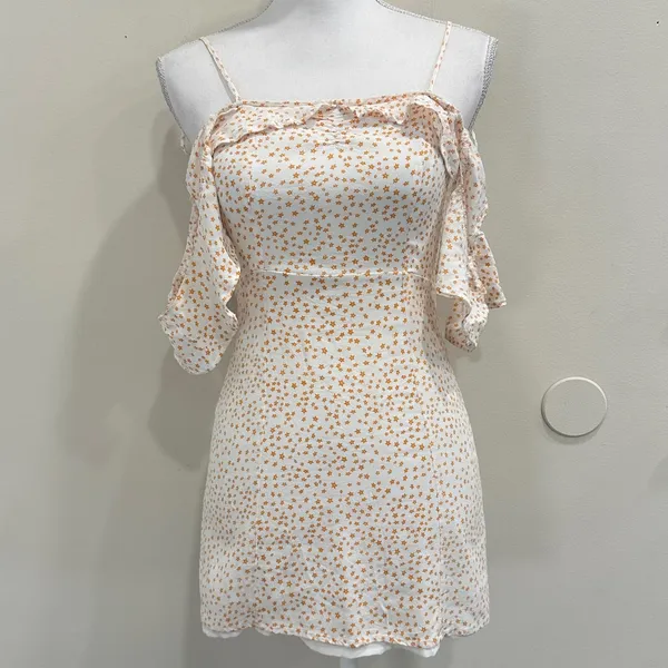 For‎ Love & Lemons Aurora Ruffle Mini Dress White Orange Star Print XS Celestial - Image 2