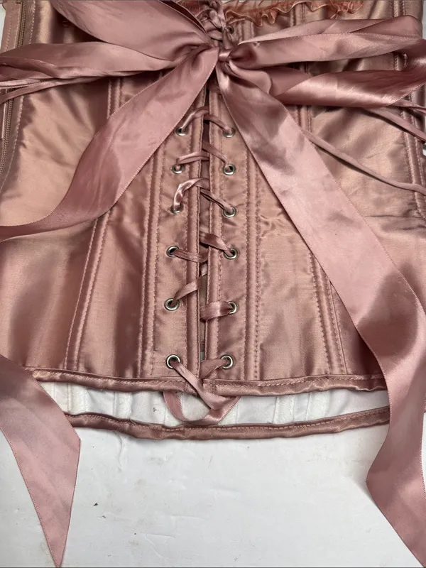 Women's Satin Lace-Up Bustier Corset Dusty Rose M bow tie sexy feminine lace - Image 4
