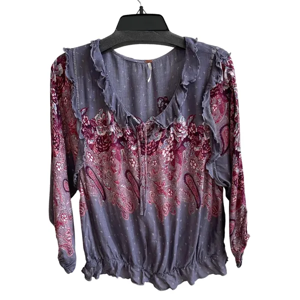 Free People Blouse Womens Medium Purple Boho‎ Paisley Floral Ruffle Peplum Top - Image 2