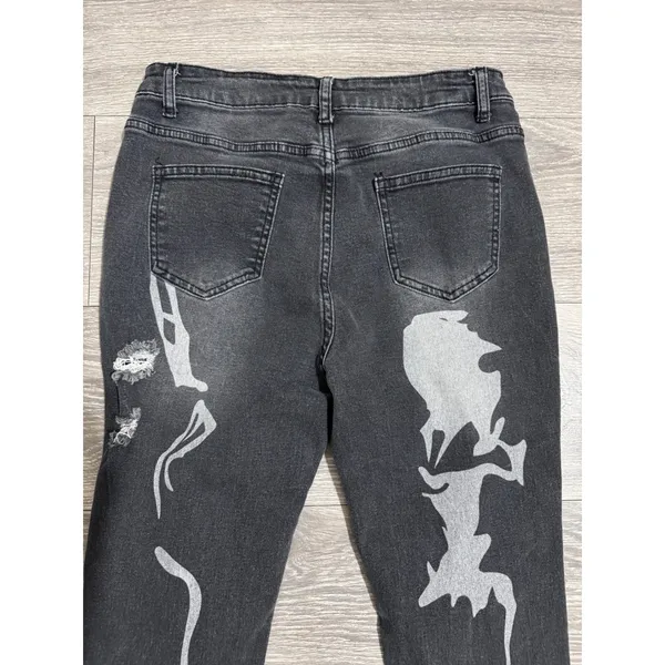 SheIn Womens Distressed Jeans Size L Graphic Print Black 28x29 High‎ Rise Straight Leg - Image 9