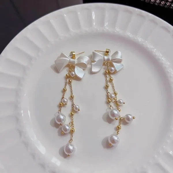 Elegant Bow White Pearl Dangle Drop Earrings for Women,Pearl Earrings - Image 3