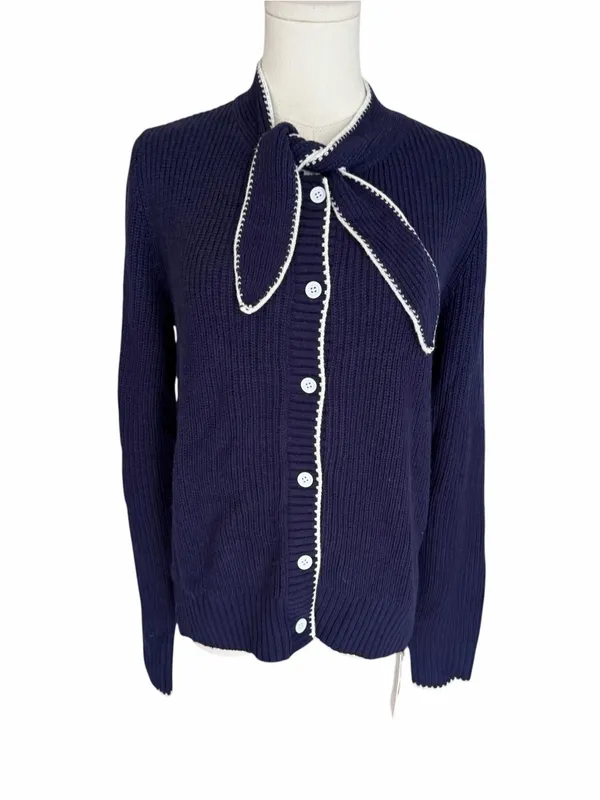 Commense - NWT Tie Neck Button Knit Cardigan Wool Blend Navy White Trim Sz M - Image 3