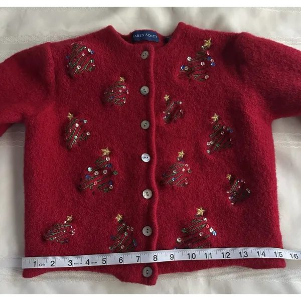 Karen Scott Red 100% Wool VintageCardigan Sweater Sequin Embroidered Tree M Crew - Image 7