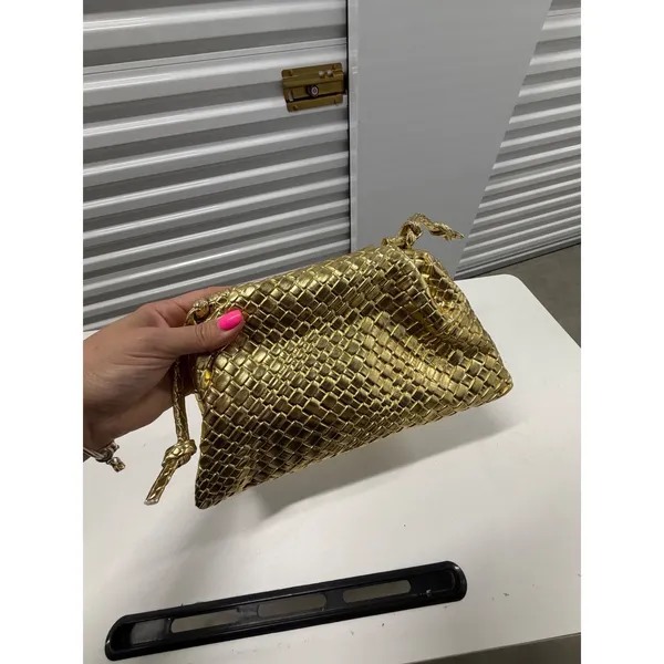 Suanni Metallic Gold Woven Intrecciato Clutch Crossbody Bag Evening Purse - Image 6