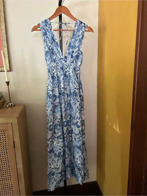 Abercrombie & Fitch Crinkle Shirred Waist Maxi Dress Floral Blue White‎ NEW XS - Image 8