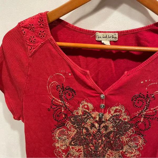 Red y2k soft baby rib bling button neck cap sleeve top Live and let live - Image 8