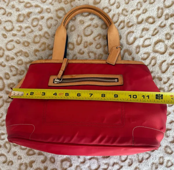 Coach Hampton Red Nylon Tote with Tan Leather Strap Handbag Women's - Image 7