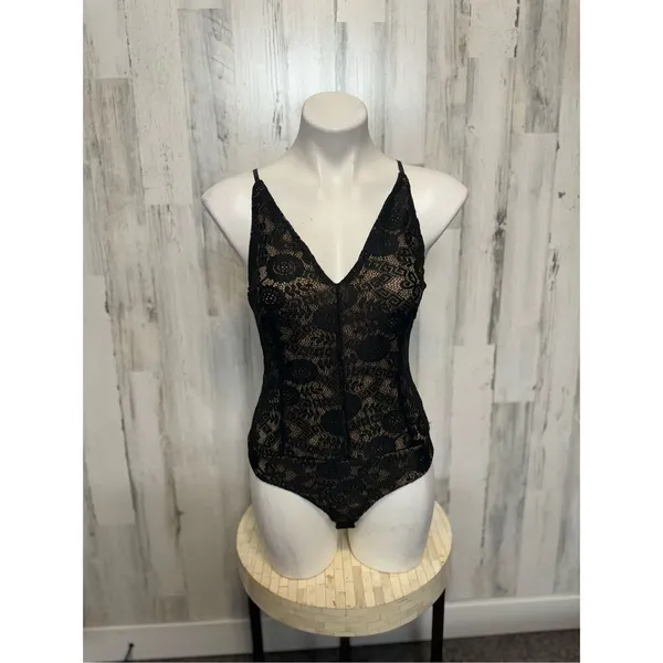 Windsor Black Lace Bodysuit Size L Sheer Floral Lace Criss Cross Back Lingerie T - Image 2