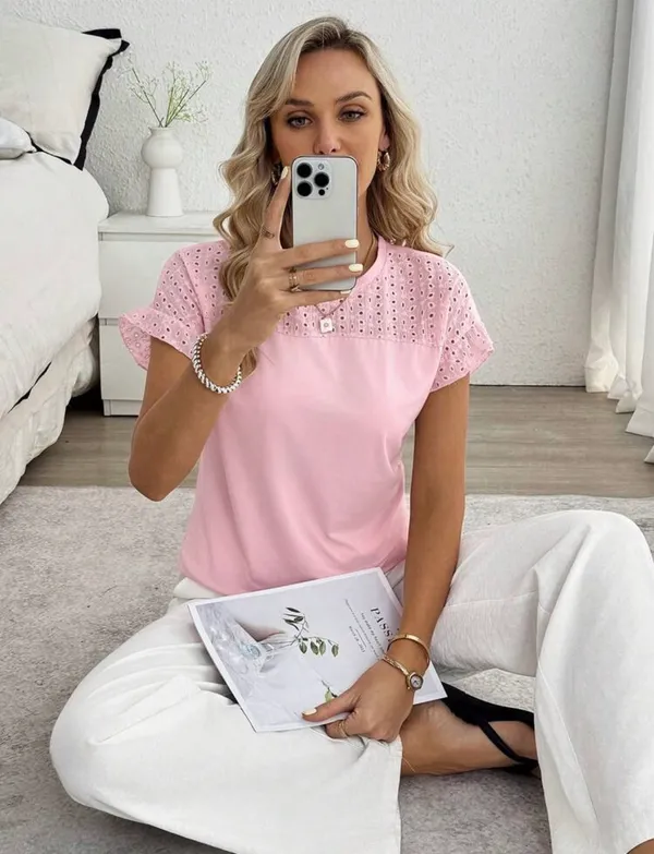 Women's elegant Pink blouse Short Sleeve Top - Image 3