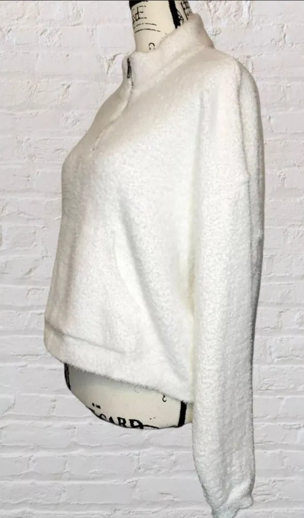 Nordstrom RDI LG Womens White Cropped Quarter Zip Pullover Teddy Sweatshirt NWOT - Image 4