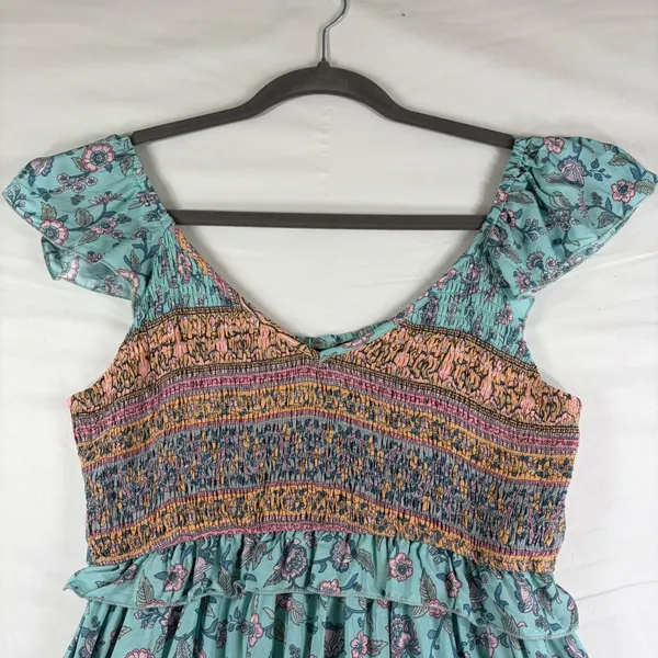 Teal Floral Smocked Midi Dress Womens‎ Medium Boho Flutter Sleeve Peasant V-Neck - Image 9
